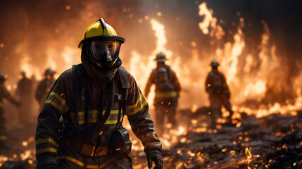 Fototapeta premium Firefighter prepared bravely confront the raging flames in forest, Generative AI
