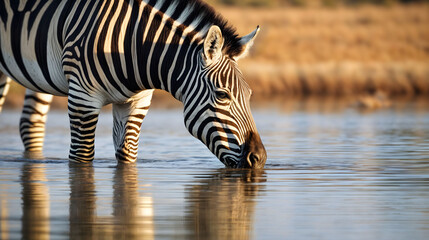 A zebra leans down to drink from a tranquil pond, African savanna. Generative AI