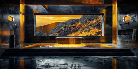 Obraz premium 3D Rendering of a Modern Bathroom with Panoramic Windows in a Fauvism Style. Interior Design and Architectural Aesthetics Showcasing Bold Colors and Artistic Flair. Ideal for Home Decor Inspiration an