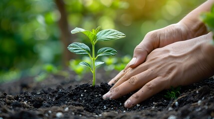 Fototapeta premium Hands carefully planting a seedling in the soil, representing the commitment to protecting nature