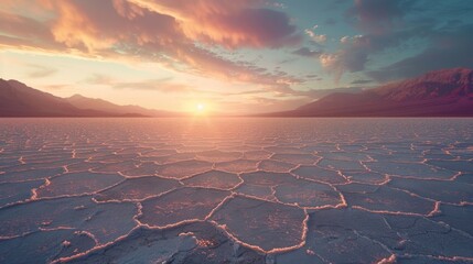 Salt flats with mountains and dramatic sunset, scenic nature landscape