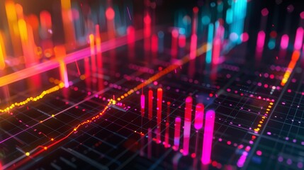 Obraz premium Abstract Digital Data Visualization with Neon Lights and Grid - 3D Render