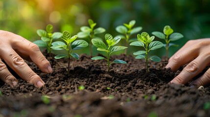 Hands planting a tiny sapling, symbolizing dedication to environmental protection and sustainability