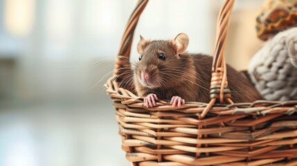 Friendly pet brown rat in wicker basket indoors with text space