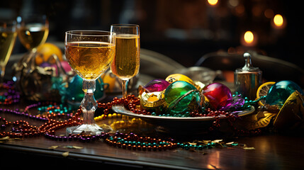 Festive Mardi Gras Decorations and Champagne Glasses on a Table