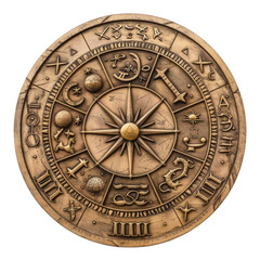 A round, ornate object with a compass on it and various symbols