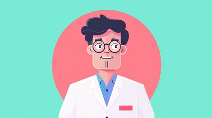 Fototapeta premium Minimalistic illustration smiling doctor in a white lab coat against a mint green and red background.