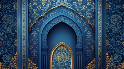 Ramadan background islamic greeting design with mosque door with floral ornament and arabic calligraphy. vector illustration AI generated