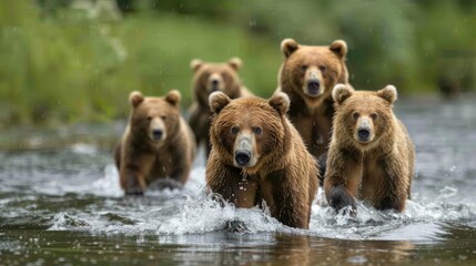 Grizzly Bears Walking Through a Stream