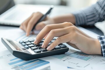 Fototapeta premium Close-up of businesswoman hands using a calculator to check company finances, earnings and budget. Accountant calculating monthly expenses, papers, loan documents, invoices