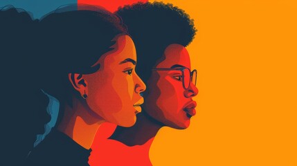 Two women with glasses and a red background