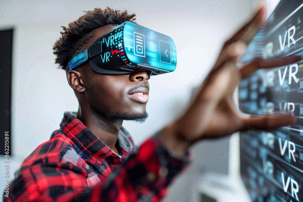 Poster man engaging with vr holographic display in high tech digital environment