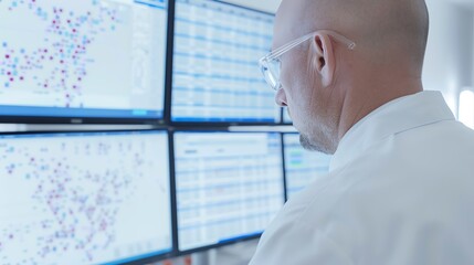 Scientist analyzing data on multiple screens in modern lab, focusing on complex scientific information and research trends.
