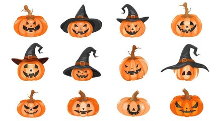 Fototapeta premium Set pumpkin on white background. The main symbol of the Happy Halloween holiday. Orange pumpkin with smile and witch hat for your design for the holiday Halloween. Vector illustration AI generated.