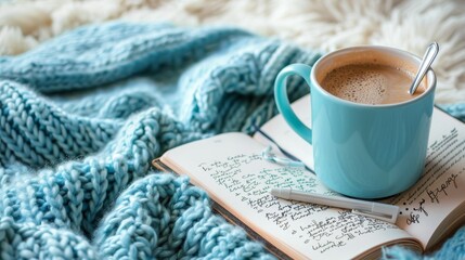 Goal-setting setup with a coffee cup, open journal, and motivational quotes, highlighting morning routines for productivity and well-being