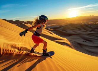 Sand Sledding, Sand Surfing, Sand Skiiing and Sandboarding on great sand dunes in sunset, suitable for sport and desert exploration themes and travel, action, and outdoor lifestyle