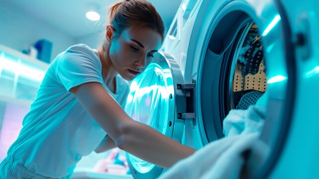 A person doing laundry, loading clothes into a washing machine
