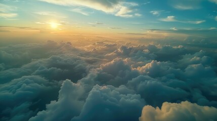 Naklejka premium Sunset on blue sky. Blue sky with some clouds. blue sky clouds, summer skies, cloudy blue sky background. Aerial sunset view. Evening skies with dramatic clouds. View over the clouds. AI generated .