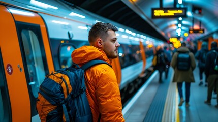 Commuters boarding an early morning train, looking sleepy but ready for the day