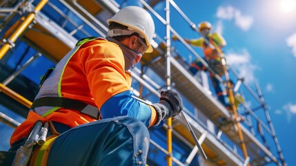 Construction workers on a building site, wearing full safety gear