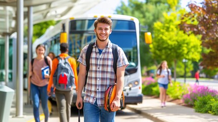 Students boarding a university shuttle bus, heading to campus with backpacks and books.