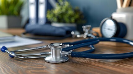 close-up of a stethoscope and a blood pressure monitor on a doctor's desk, highlighting the essential tools for patient health assessment in a professional medical setting