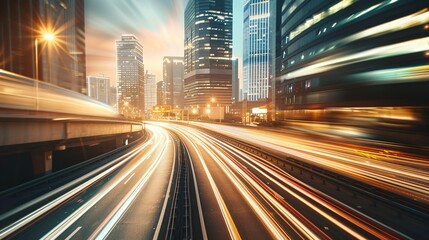 Fototapeta premium Traffic flow on evening highway in city with modern buildings.