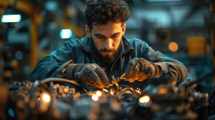 mechanic inspecting an engine under bright, focused lights, with parts and tools methodically arranged on a nearby workbench, in a garage designed for maximum efficiency and productivity