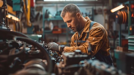 mechanic adjusting engine timing with precision tools, surrounded by reference manuals and technical drawings, in a garage that blends hands-on skills with technical knowledge