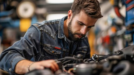 mechanic consulting an engine diagram, double-checking connections and components, in a garage where organization and careful planning are evident, emphasizing meticulous attention to detail