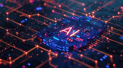 AI letters on dark tech background. Concept of artificial intelligence, circuit elements, technology and innovation