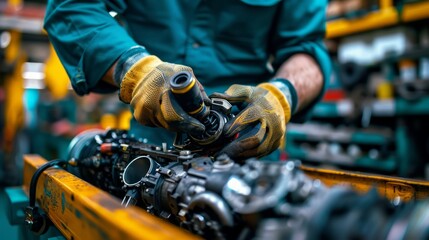 mechanic examining a disassembled engine on a workbench, identifying worn-out parts, in a garage that showcases a mix of traditional tools and modern diagnostic equipment