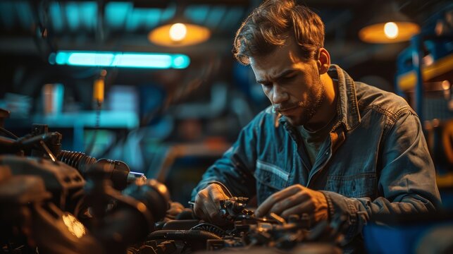 mechanic working late into the evening, illuminated by work lights, focusing intently on an engine repair, in a garage that conveys dedication and hard work, with a sense of quiet determination