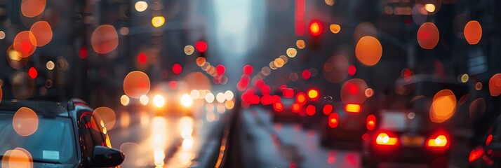city bokeh scene, light blur street rain drop dews, 3:1, banner landing page