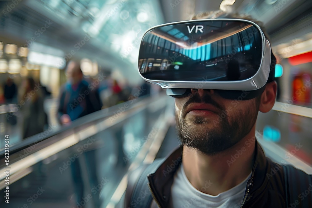 Poster man engaged in vr experience in high tech modern environment