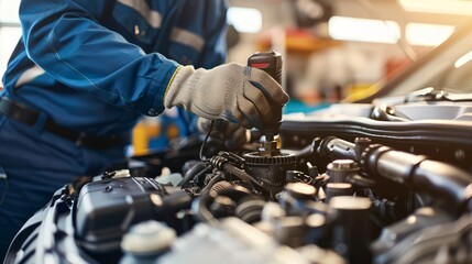 mechanic using a borescope to inspect internal engine components, in a garage that utilizes advanced technology for detailed diagnostics, reflecting innovation and thoroughness in vehicle maintenance