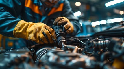 mechanic using a vacuum pump to test engine vacuum systems, in a garage equipped with specialized tools for precise diagnostics, showcasing a thorough and technical approach to vehicle maintenance