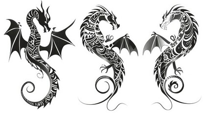 Zentangle tribal dragon designs, black and white ornament graphics. Suitable for tattoo, pendant, carving, coloring book. vector illustration AI generated