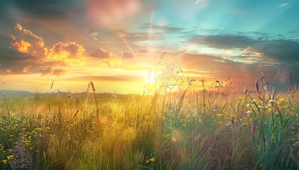 Fototapeta premium Natural panoramic countryside landscape with high grass at sunset.