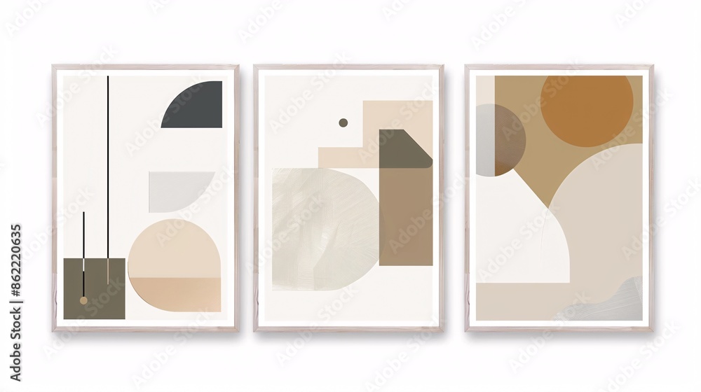 Fototapete A set of three modern abstract art posters with minimalistic designs, displayed side by side against a clean white wall. Each poster features simple geometric shapes and a muted color palette of