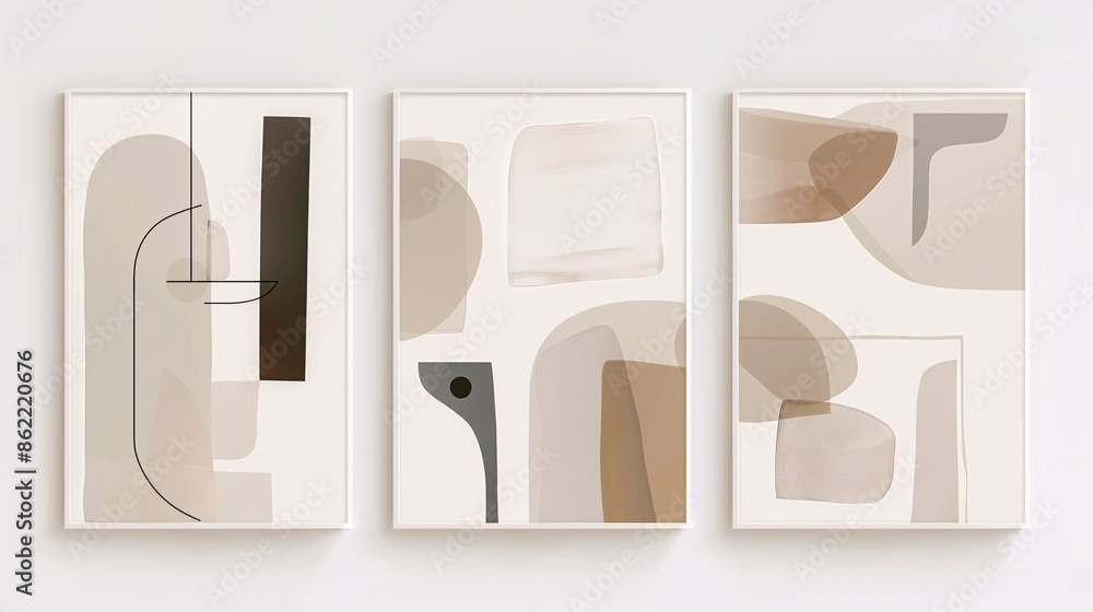 Poster a set of three abstract art posters with minimalistic designs, positioned side by side on a white wa