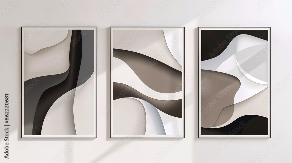 Fototapete three sleek abstract art posters in a minimalistic style, displayed together on a white wall. the de