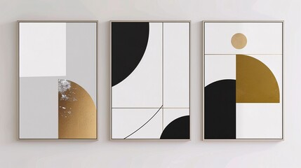 Three minimalistic abstract art posters arranged horizontally on a white wall. The posters showcase bold lines and basic shapes in contrasting colors of black, white, and gold, creating a striking