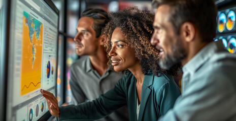 Three diverse business professionals collaborating on data analysis using touchscreen monitors