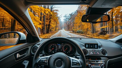 Inside a car, seen from the driver's seat, with the windshield wiper moving, front mirror and clear windshield view