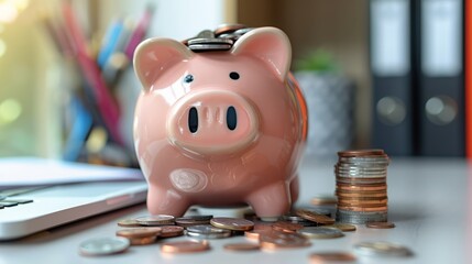 piggy bank overflowing with coins on a clean desk, symbolizing successful saving habits, with ample copy space for text