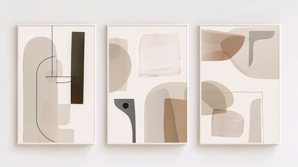 A set of three abstract art posters with minimalistic designs, positioned side by side on a white wall. Each poster features abstract forms in neutral colors, with a focus on negative space and clean