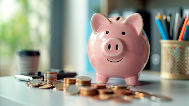 piggy bank overflowing with coins on a clean desk, symbolizing successful saving habits, with ample copy space for text