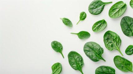 Fresh spinach leaves isolated on white background for text Creative composition of spinach Food idea Top view