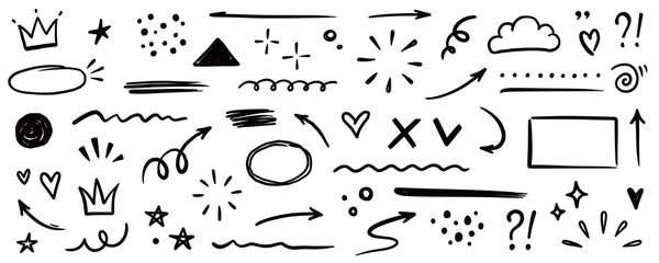 Line shape marker underline, arrow, heart brush element set. Hand drawn sketch marker underline shape, arrow, heart scribble brush pen stroke element. Crown, love graphic icon. Vector illustration